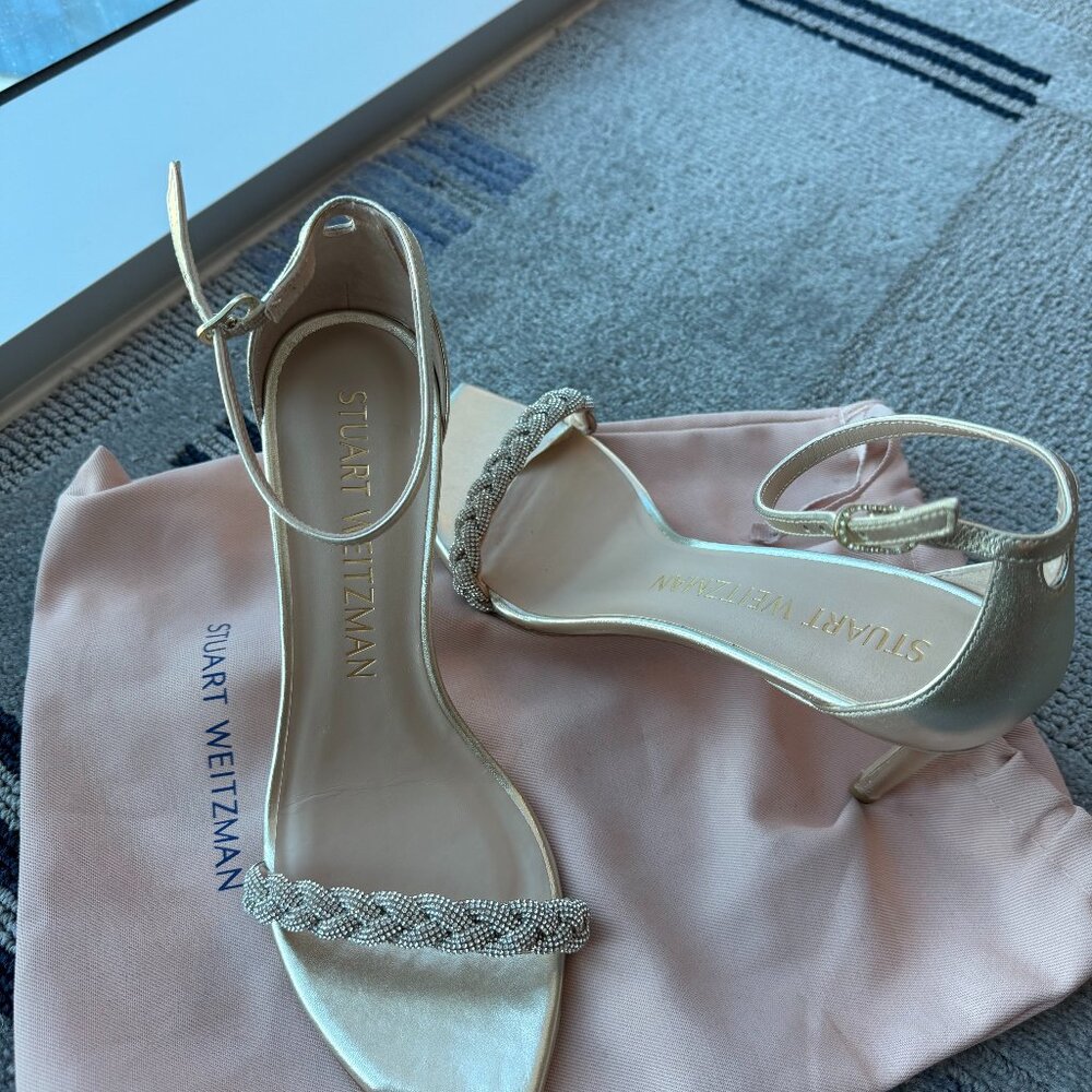 Stuart Weitzman Metallic Gold Braided Strap Ankle Strap Sandals - Picture 2 of 7